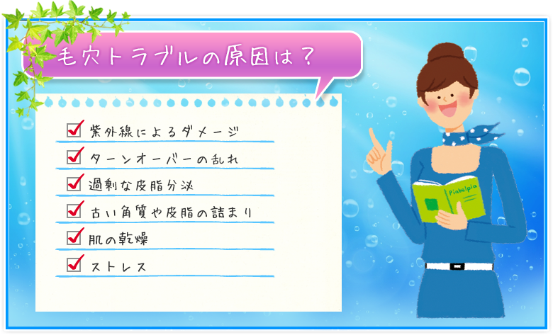 毛穴トラブルの原因は？ 紫外線によるダメージ ターンオーバーの乱れ 過剰な皮脂分泌 古い角質や皮脂の詰まり 肌の乾燥 ストレス