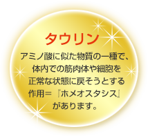 タウリン／アミノ酸に似た物質の一種で、体内での筋肉体や細胞を正常な状態に戻そうとする作用＝『ホメオスタシス』があります。