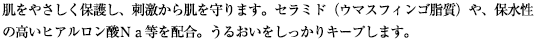 肌をやさしく保護し、刺激から肌を守ります。セラミド（ウマスフィンゴ脂質）や、保水性の高いヒアルロン酸Ｎａ等を配合。うるおいをしっかりキープします。