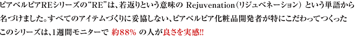 ピアベルピアREシリーズの“RE”は、若返りという意味の Rejuvenation（リジュベネーション） という単語から名づけました。すべてのアイテムづくりに妥協しない、ピアベルピア化粧品開発者が特にこだわってつくったこのシリーズは、1週間モニターで 約８８％ の人が良さを実感！！