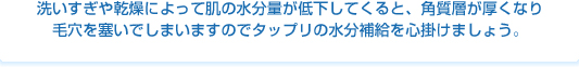 洗いすぎや乾燥によって肌の水分量が低下してくると、角質層が厚くなり毛穴を塞いでしまいますのでタップリの水分補給を心掛けましょう。