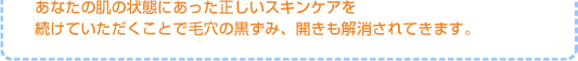 あなたの肌の状態にあった正しいスキンケアを続けていただくことで毛穴の黒ずみ、開きも解消されてきます。