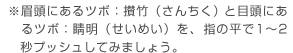 眉頭にあるツボ：攅竹（さんちく）と目頭にあるツボ：睛明（せいめい）を、指の平で1～2秒プッシュしてみましょう。