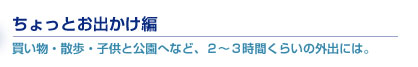 ちょっとお出かけ編　買い物・散歩・子供と公園へなど、２～３時間くらいの外出には。
