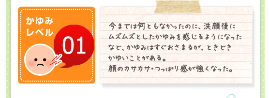 かゆみレベル01／今までは何ともなかったのに、洗顔後にムズムズとしたかゆみを感じるようになったなど、かゆみはすぐおさまるが、ときどきかゆいことがある。顔のカサカサ・つっぱり感が強くなった。