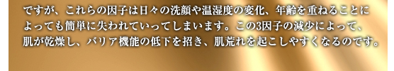 ですが、これらの因子は日々の洗顔や温湿度の変化、年齢を重ねることによっても簡単に失われていってしまいます。この3因子の減少によって、肌が乾燥し、バリア機能の低下を招き、肌荒れを起こしやすくなるのです。