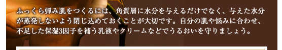 ふっくら弾み肌をつくるには、角質層に水分を与えるだけでなく、与えた水分が蒸発しないよう閉じ込めておくことが大切です。自分の肌や悩みに合わせ、不足した保湿3因子を補う乳液やクリームなどでうるおいを守りましょう。