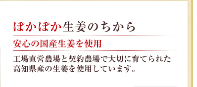 ぽかぽか生姜のちから／安心の国産生姜を使用：工場直営農場と契約農場で大切に育てられた高知県産の生姜を使用しています。