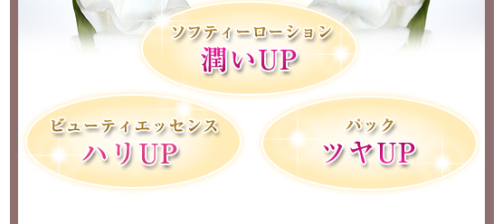 ソフティーローション（潤いＵＰ）→ビューティエッセンス（ハリＵＰ）→パック（ツヤＵＰ）