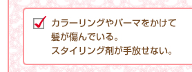 カラーリングやパーマをかけて髪が傷んでいる。スタイリング剤が手放せない。　