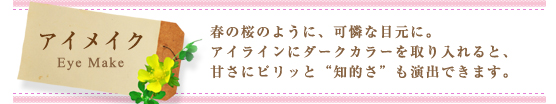 アイメイク（Eye Make）：春の桜のように、可憐な目元に。アイラインにダークカラーを取り入れると、甘さにピリッと“知的さ”も演出できます。