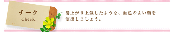 チーク（CheeK）：湯上がり上気したような、血色のよい頬を演出しましょう。