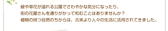緑や草花が溢れる公園でさわやかな気分になったり、街の花屋さんを通りがかって和むことはありませんか？植物の持つ自然のちからは、古来より人々の生活に活用されてきました。