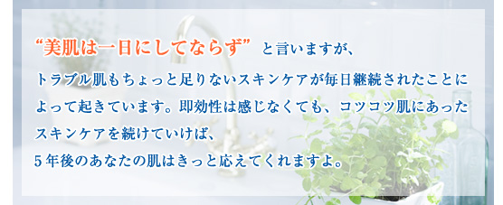 “美肌は一日にしてならず”と言いますが、トラブル肌もちょっと足りないスキンケアが毎日継続されたことによって起きています。即効性は感じなくても、コツコツ肌にあったスキンケアを続けていけば、5年後のあなたの肌はきっと応えてくれますよ。