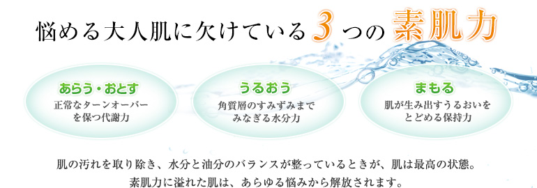 悩める大人肌に欠けている3つの素肌力／「あらう・おとす」「うるおう」「まもる」