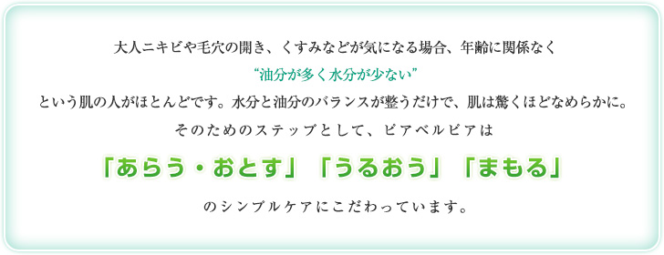 大人ニキビや毛穴の開き、くすみなどが気になる場合、年齢に関係なく“油分が多く水分が少ない”という肌の人がほとんどです。水分と油分のバランスが整うだけで、肌は驚くほどなめらかに。そのためのステップとして、ピアベルピアは「あらう・おとす」「うるおう」「まもる」
のシンプルケアにこだわっています。